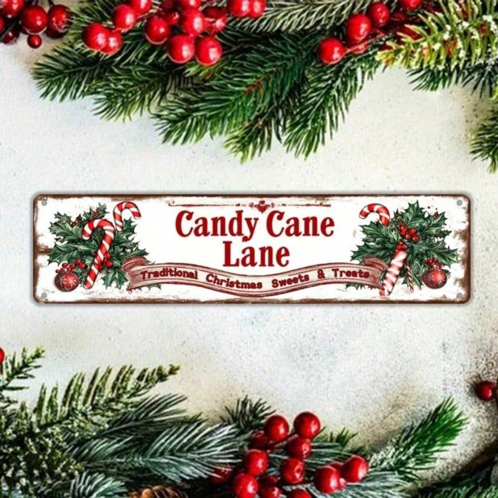 Christmas Candy Cane Alley Metal Sign 10x40cm Vintage Tin Wall Decor, Pre-Drilled Holes Waterproof Indoor Outdoor Art