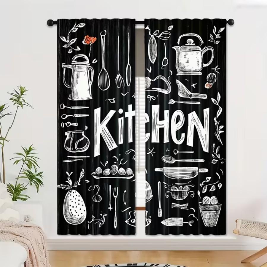 2 PCS Black White Kitchen Curtains, Practical Style Window Drapes for Living Room Bedroom Home Decor Polyester Rod Pocket