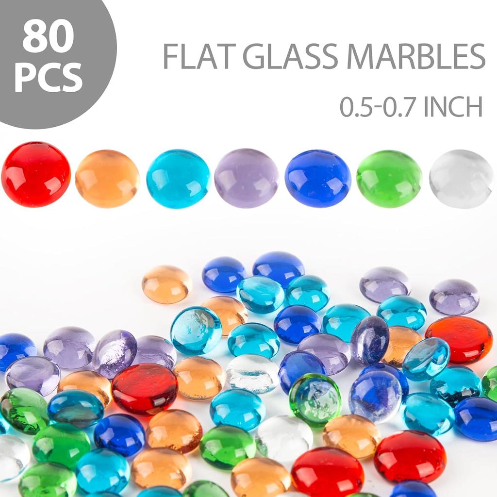 FUTUREPLUSX 80PCS Mini Flat Glass Marbles, Vase Fillers 0.5inch Glass Gems Decorative Beads Pebbles for Aquarium Fish Tank Vase Home Decor