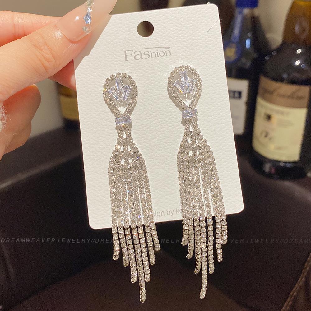 925 Sterling Silver Full Diamond Tassel Earrings – High-End European & American Style, Super Shiny, Luxurious Ear Jewelry for Women.