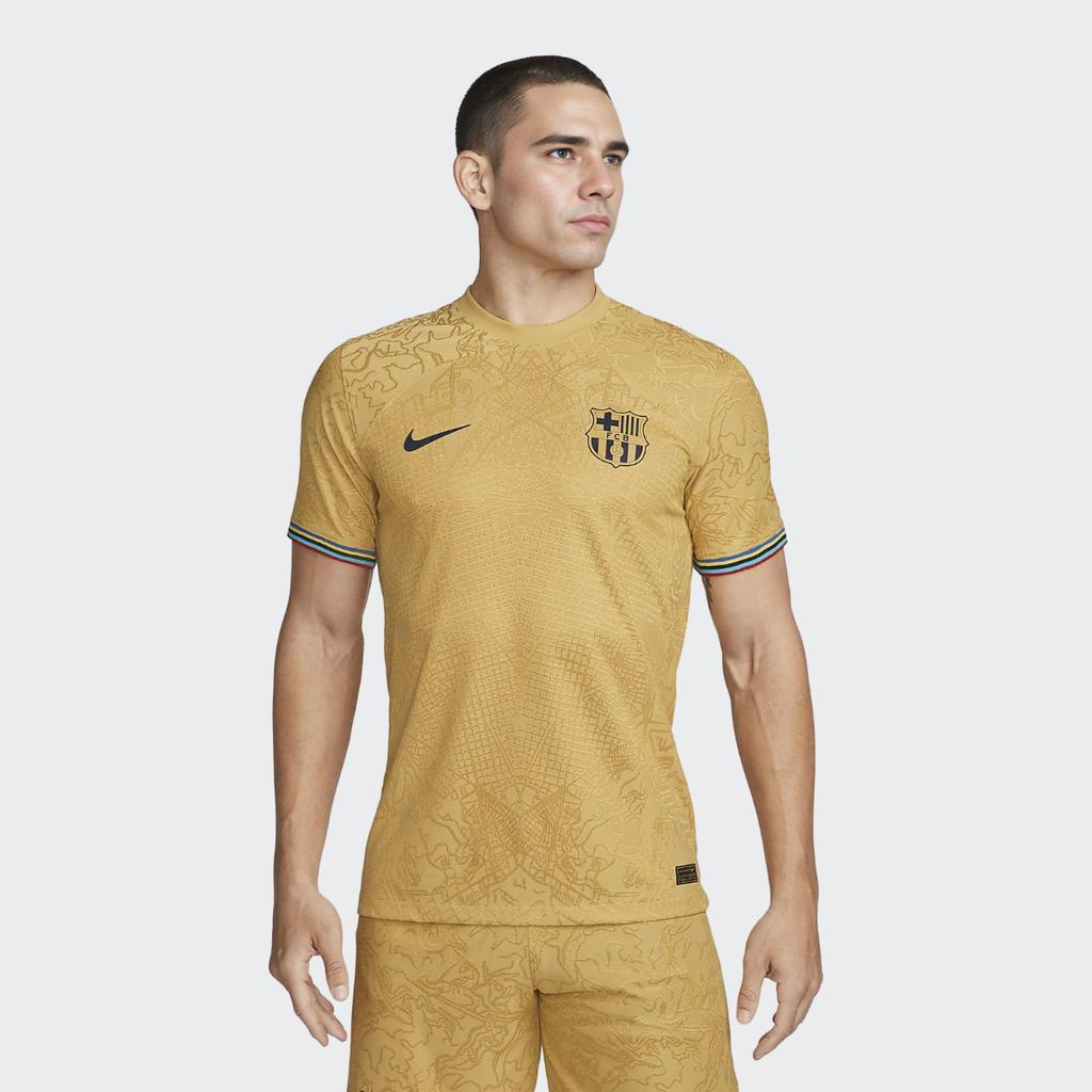 Nike Patterned Lines Print Short Sleeve Soccer Jersey, Away Player Edition, Barcelona Men Tops Yellow DJ7642-715
