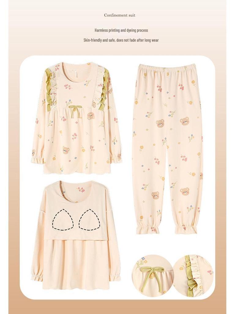 Women's Long-Sleeve Cotton Pajama Set with Chest Pads - Cozy Autumn/Winter Wear, Sweet & Stylish for Home or Outside