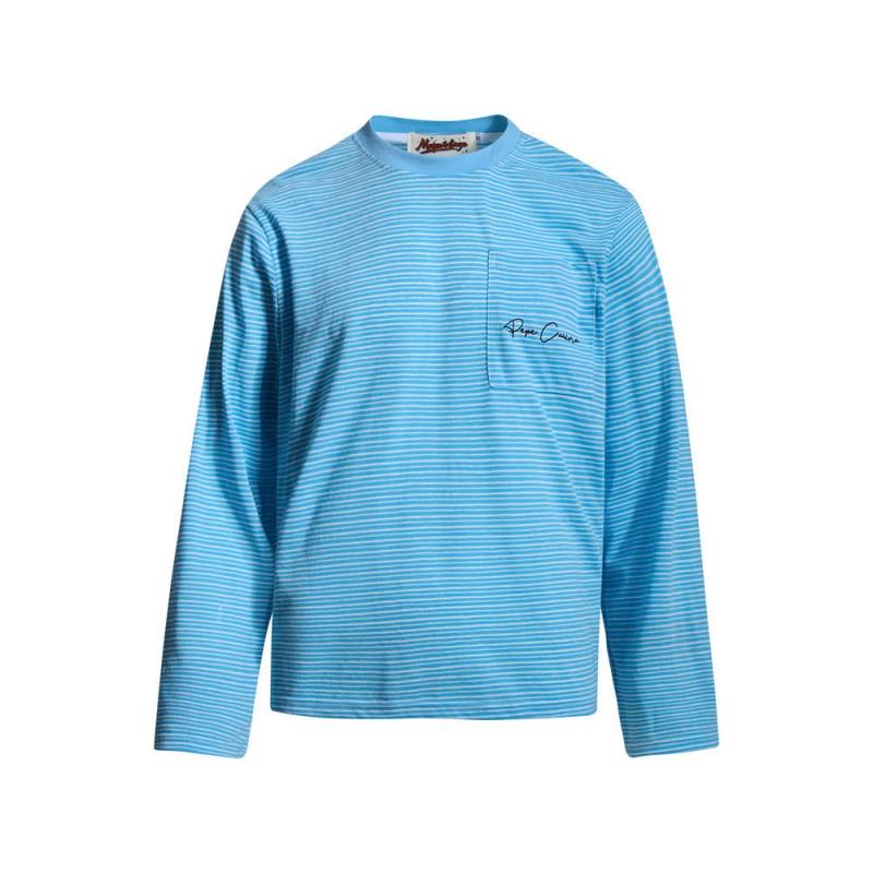 Mens Striped Long Sleeve T-Shirt Loose Fit Casual Round Neck Streetwear With Chest Pocket
