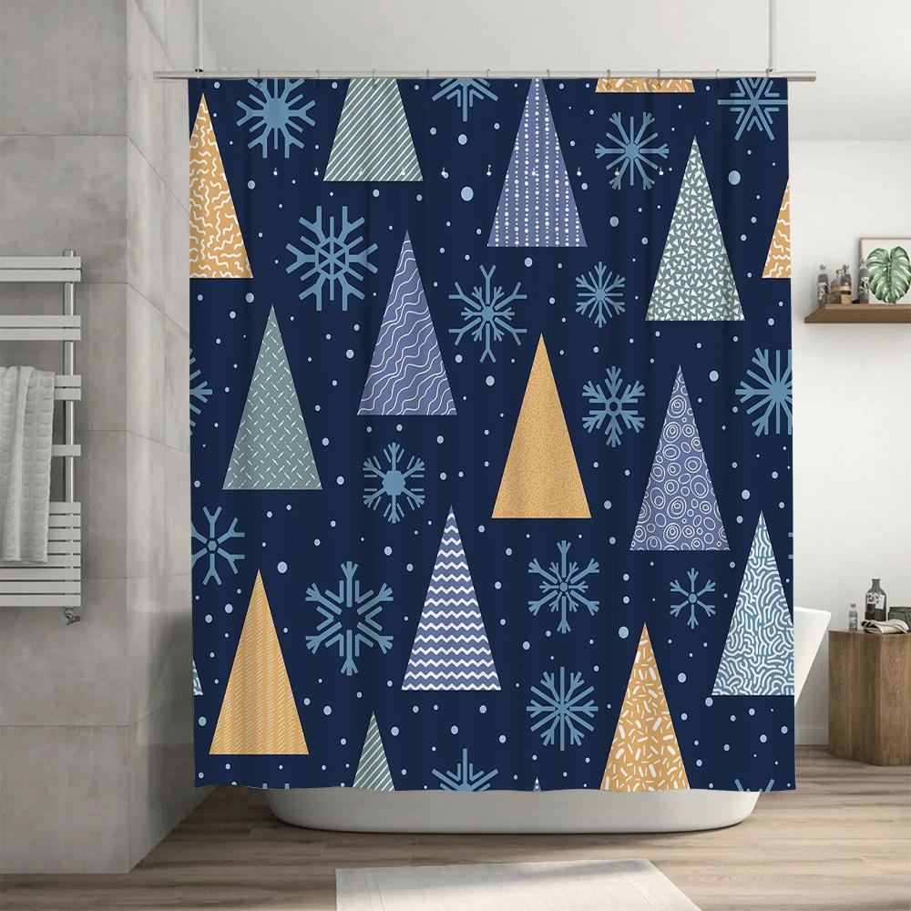 Modern Christmas Trees Shower Curtain Blue Festive Decor for Bathroom Snowflakes Triangles Pattern Printed Fabric Waterproof Hom