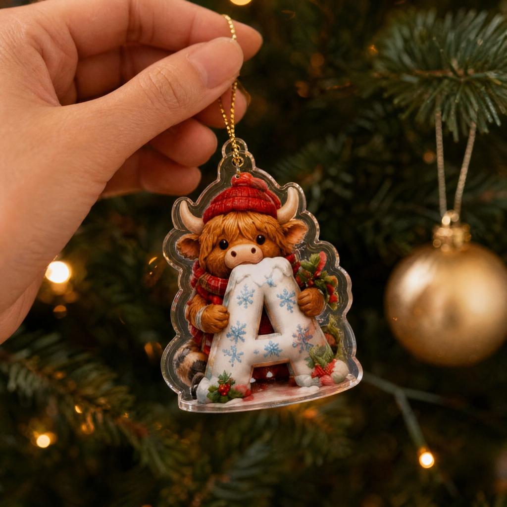 Weihnachts-Kuh-Ornament mit 26 Buchstaben, 2D Acryl Hängedekoration für den Weihnachtsbaum