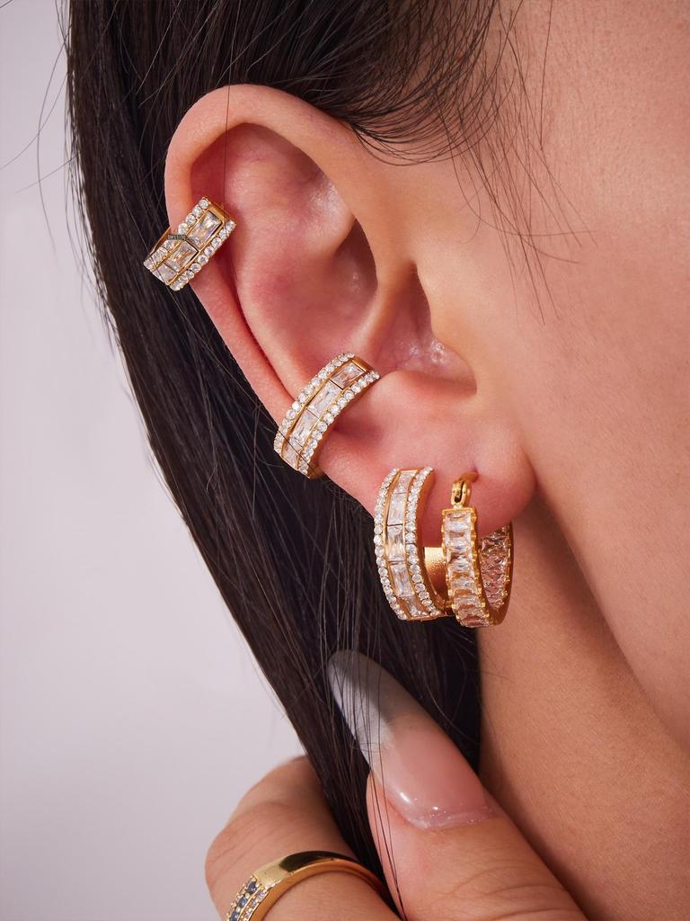 Oumaka Minimalist Zircon Earrings: Double-Sided Stainless Steel, 18K Gold-Plated