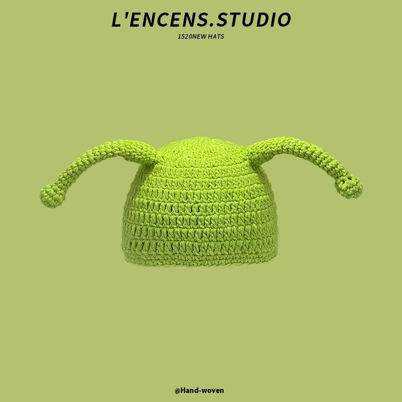 Cute Knitted Woolen Hat Unisex Warm Ear Protection Cartoon Green All-Match Cap Spring Autumn Winter Ideal For Men And Women