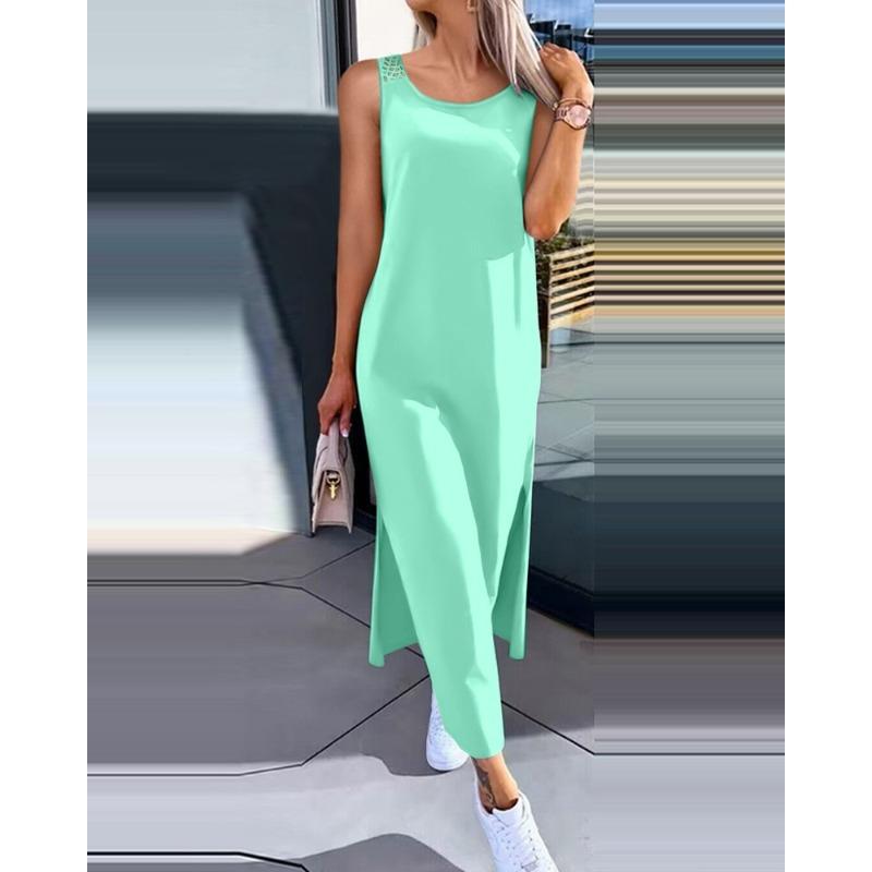 QICED Women's Fashion Summer Spring O-Neck Sleeveless Solid Color Print Casual Dresses Casual Chic