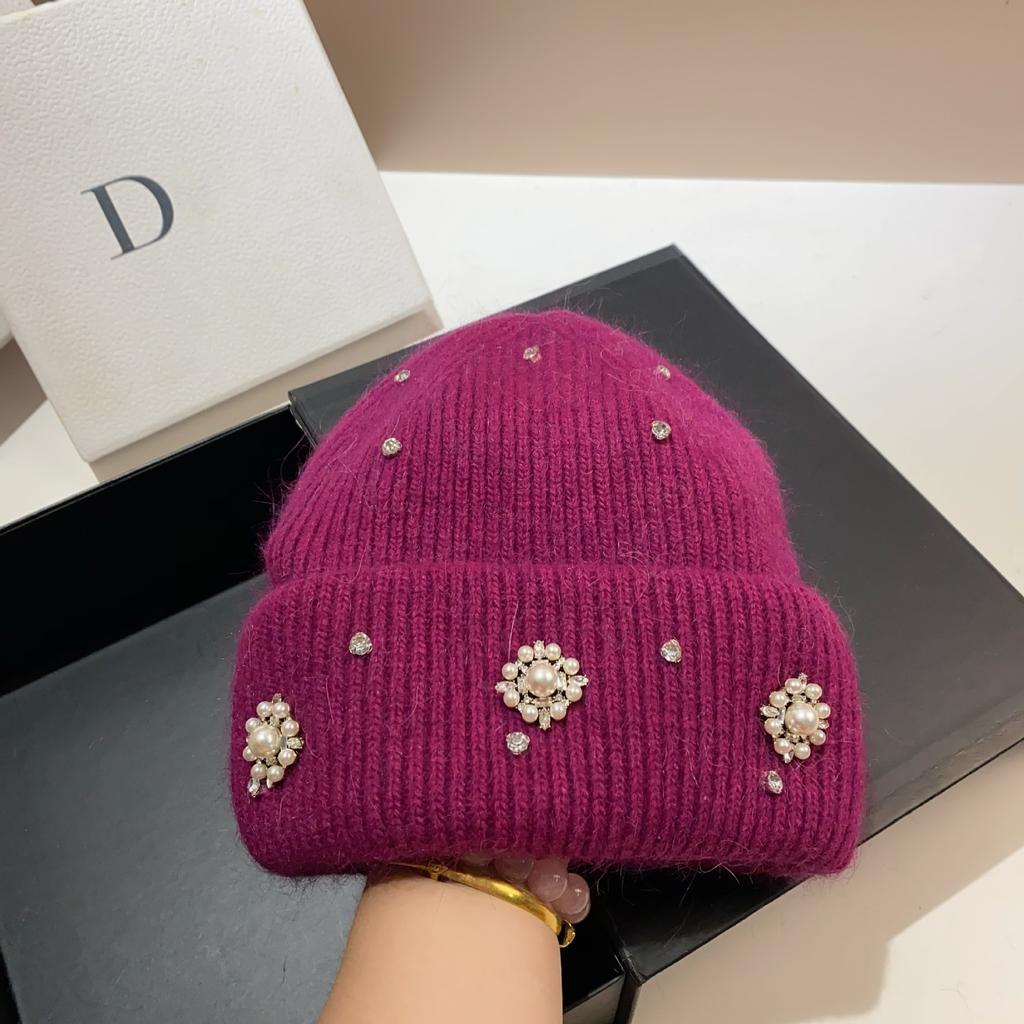 Palace Rhinestone Rabbit Fur Knitted Hat Princess Sweet Celebrity Xiaoxiangfeng Warm Ear Protection Wool Hat