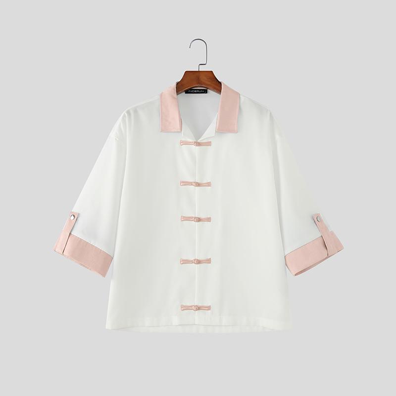 INCERUN Summer Men Lapel Neck Short Sleeve Stitching Button Casual Shirts Tops S