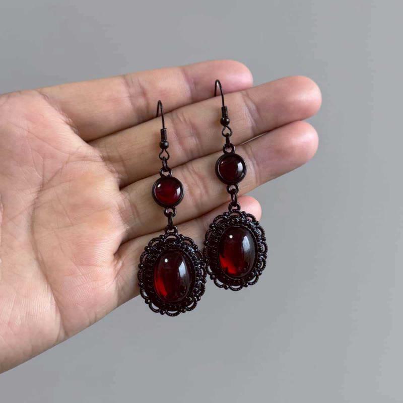 Elegant Gothic Renaissance Bat Cross Red Glass Earrings