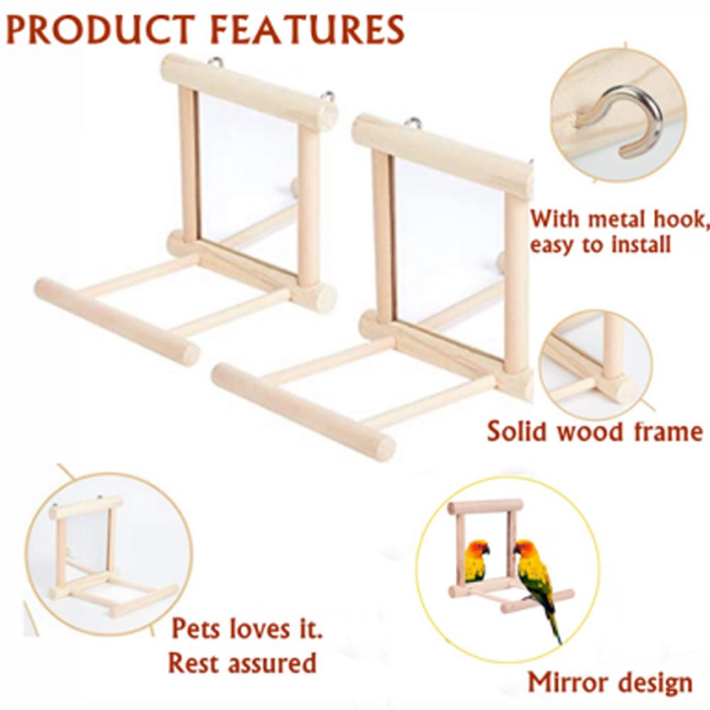 Cockatiels Cage Bird Mirror with Perch Wooden Stand Bird Toy for Parrot Bird Perch Mirror Toy