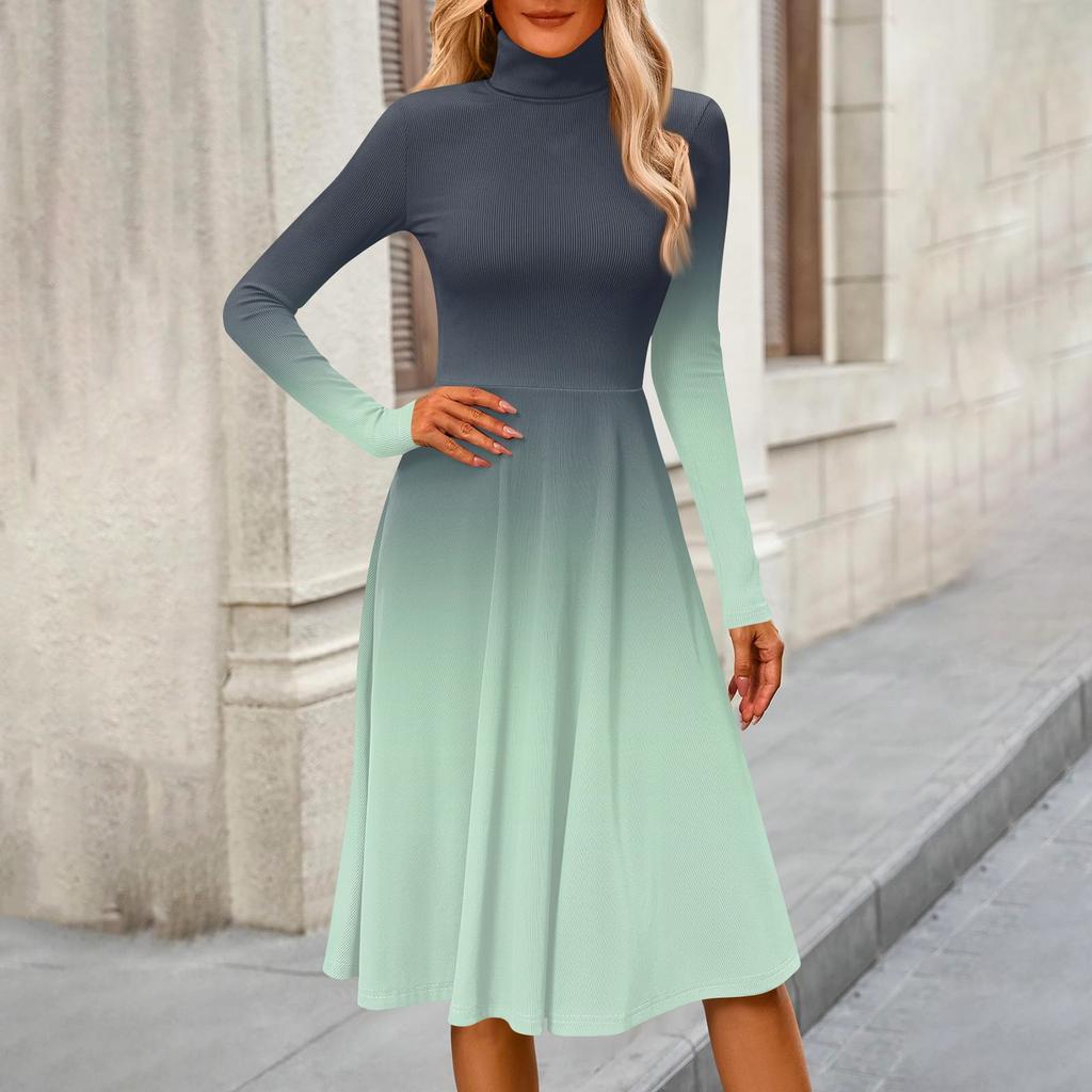 Women's Casual Fashion High Neck Long Sleeve Print Midi Dress