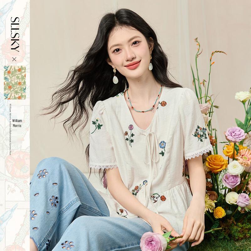 Sllsky Women s IP Collaboration Embroidered Linen V-Neck Short Sleeve Blouse M