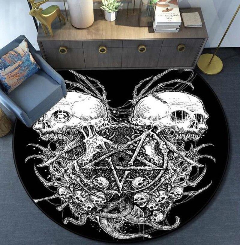 Skull Satanic Goat Pentagram Wing Demon Version Carpet Round Rugs Non-slip Area Rug for Living Room Bedroom Foot Pad Decoration