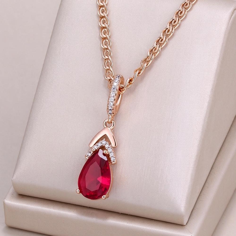 Elegant Rose Gold Color Teardrop Red Zircon Pendant Necklace for Women Daily Party Wedding Jewelry Gift