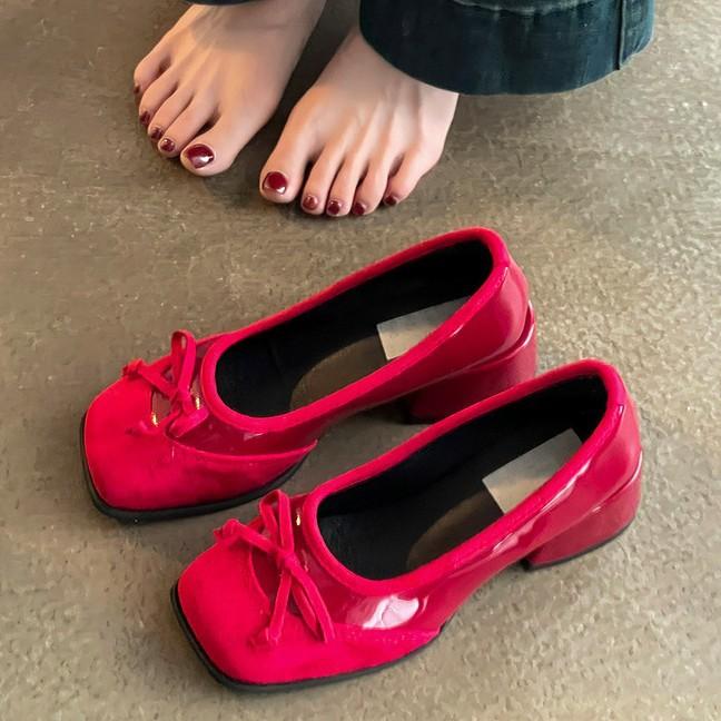 French Bow Thick Heel One Pedal High Heels Autumn Ballet Shoes Bag Head Small Leather Shoes Women Mary Jane Single Shoes