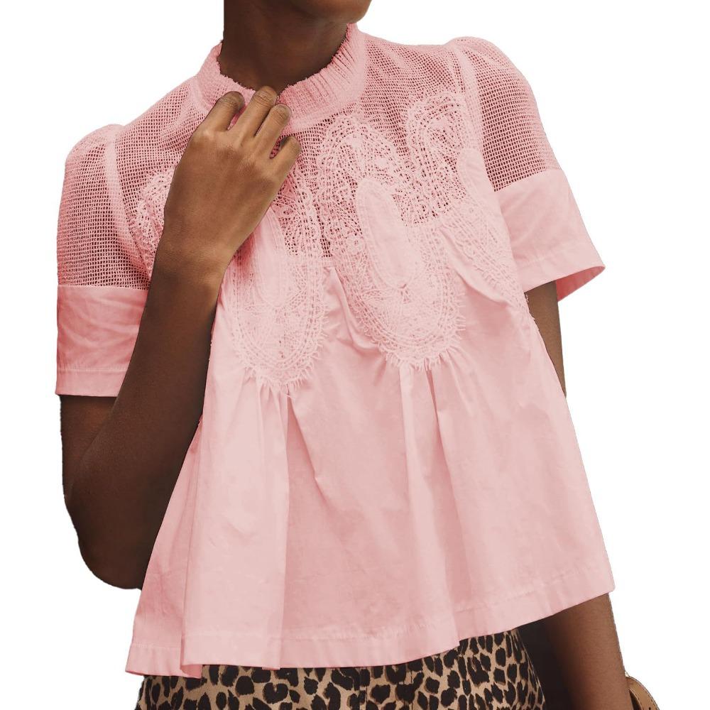 

Fashion Lace Round-neck Embroidered Net-sheer Solid-color Loose Skirt-length Short-sleeved Top XXL рожевий