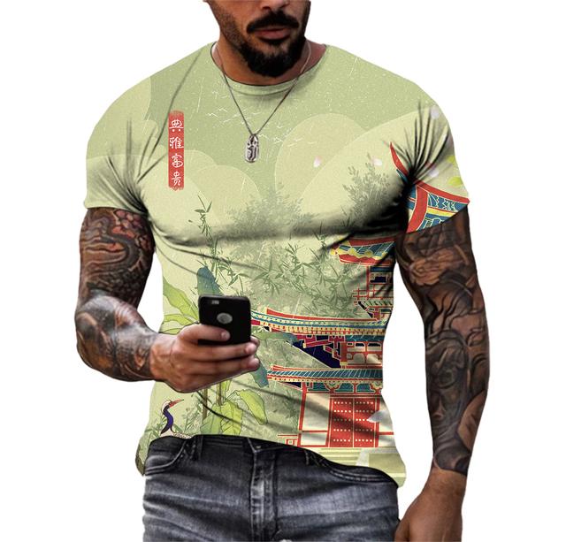 Piękne koszulki męskie z elementami chińskimi, casualowe, z nadrukiem HD 3D, wzorzyste, hip hopowe, Harajuku, z osobowością, z okrągłym dekoltem, z krótkim rękawem