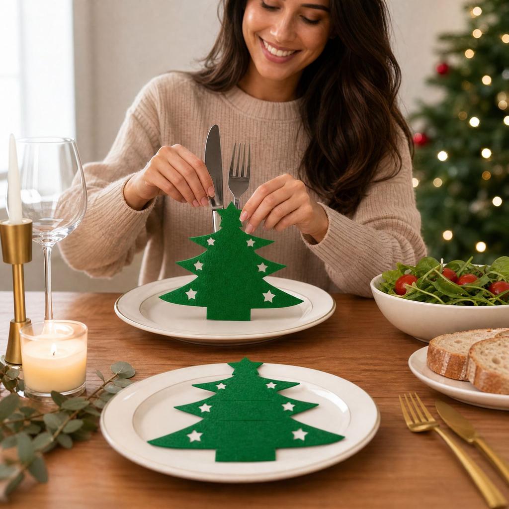 Christmas Tree Silverware Holders, Tree Cutlery Sleeves, Red and Green Christmas Tableware Mats for Holiday Dining
