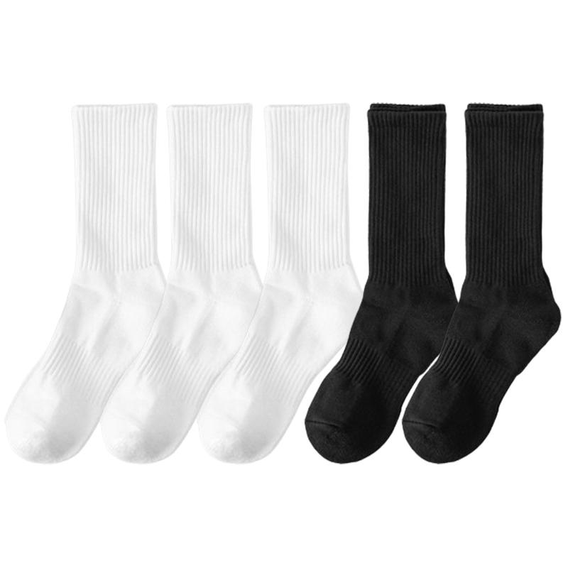 5 Pairs/lot 100% Cotton Men's High Socks Classic Black White Breathable Sweat-Absorbent Women's Autumn Warm Elastic Sports Socks