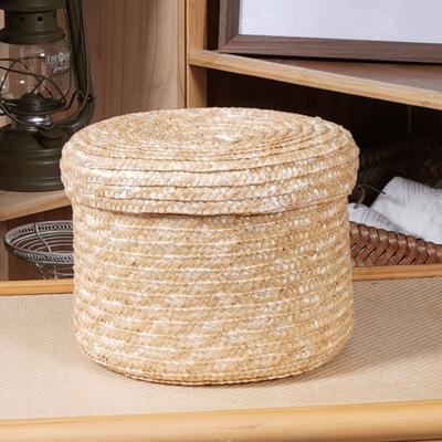 Handmade Woven Woven Storage Basket Round Shape Natural Straw Cosmetic Storage Container Rustic Style Brown Finish