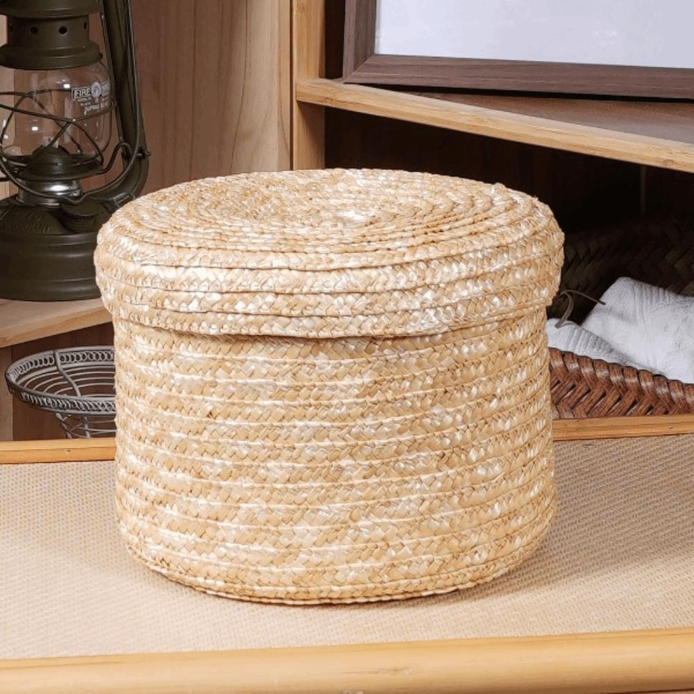 Handmade Woven Straw Storage Box Natural Straw Cosmetic Storage Container Home Decor
