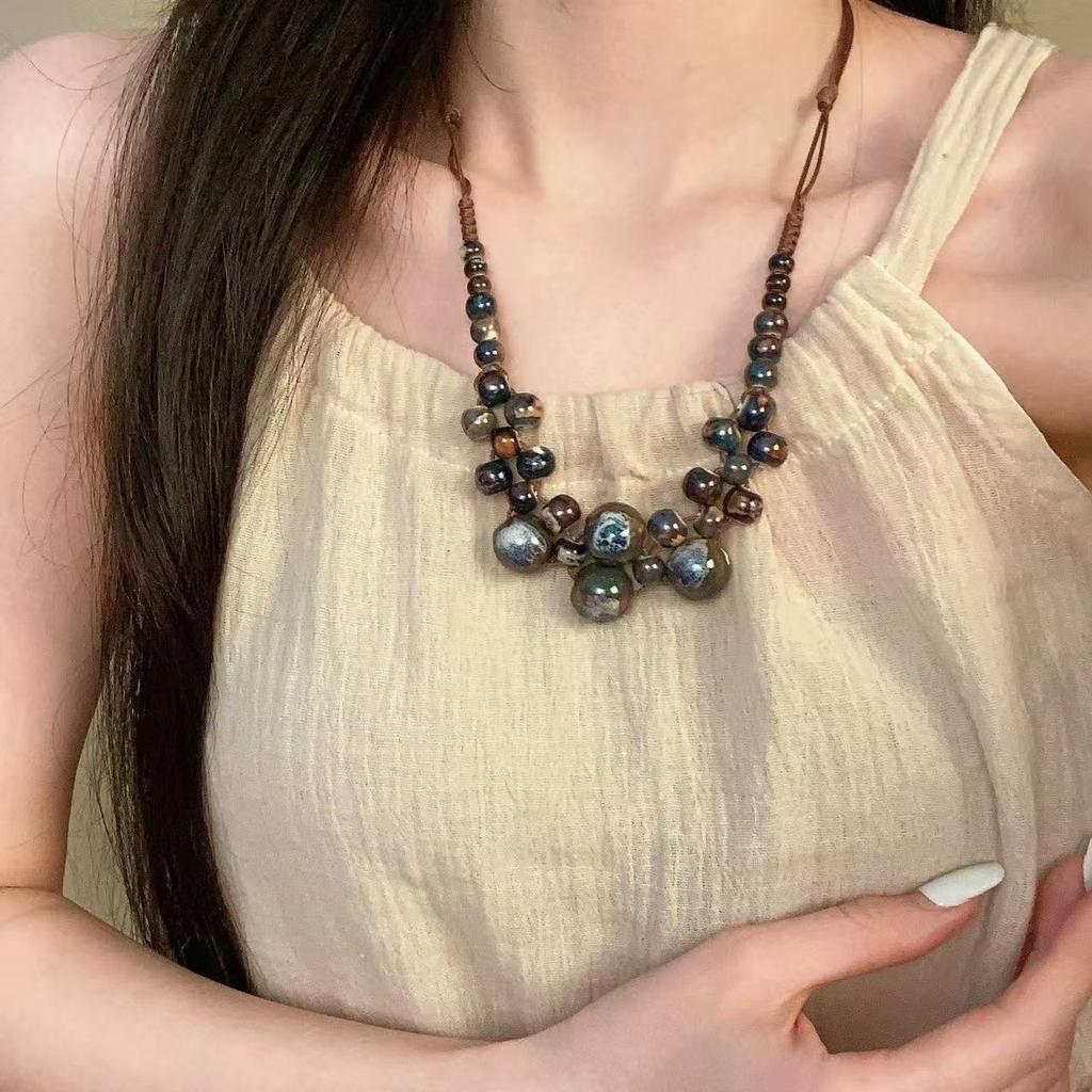 Fashion ethnic style beaded ceramic bead necklace Bohemian necklace gravel colored neck chain women's niche design