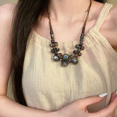 Fashion Ethnic Style Beaded Ceramic Bead Necklace Bohemian Necklace Gravel Colored Neck Chain Women's Niche Design
