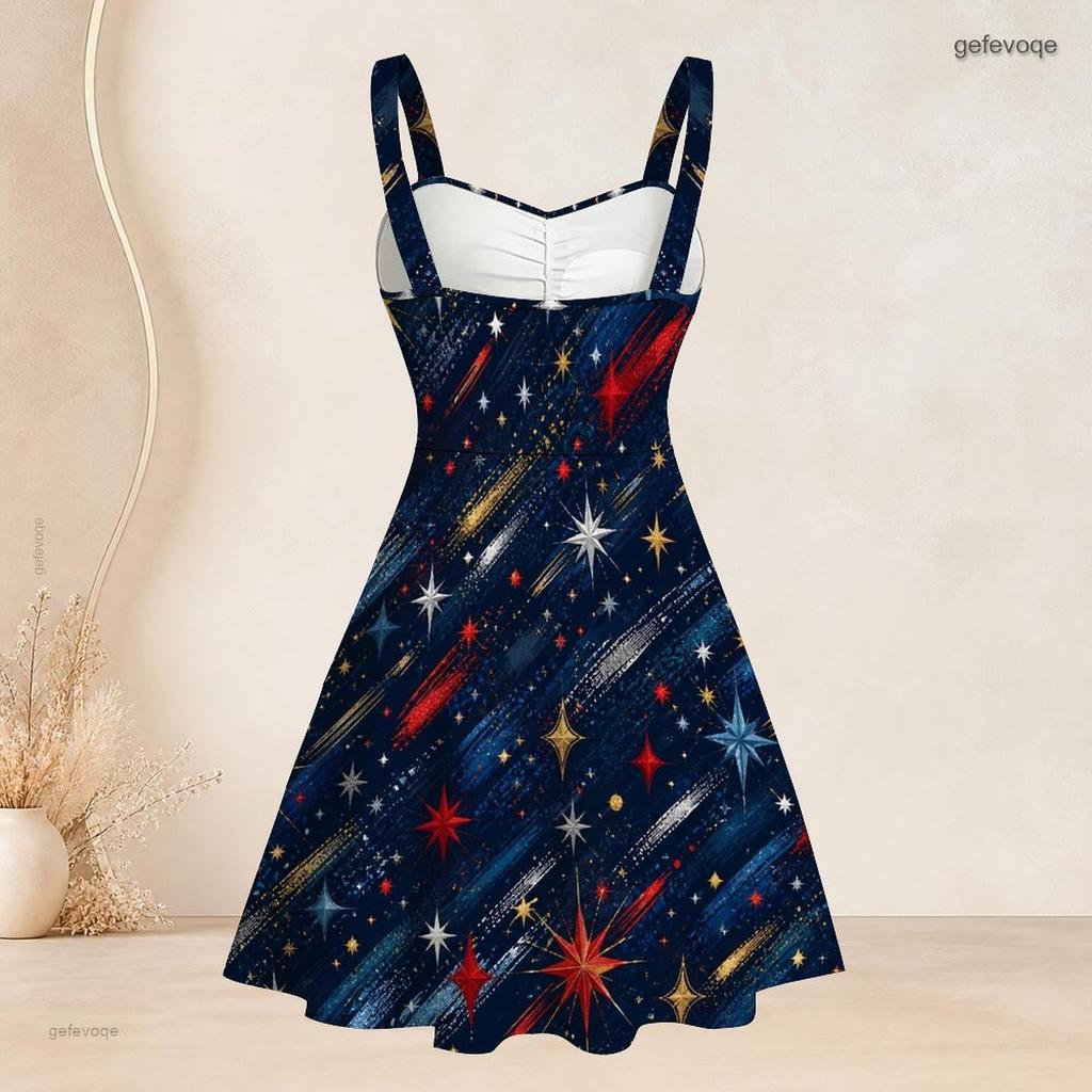 Women Plus Size Spaghetti Strap Off Shoulder Dress Glitter Wave Star Firework Holiday Print Swing Dress