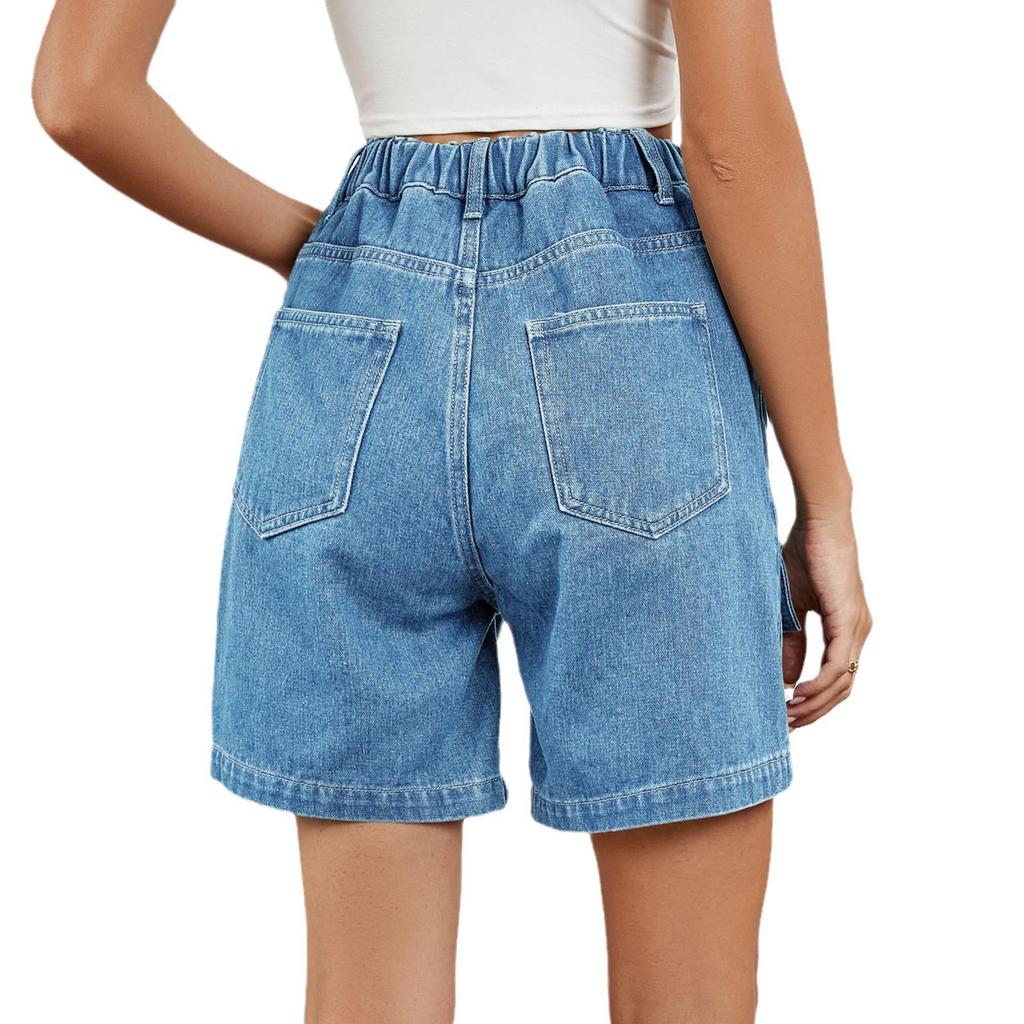 Washed Elastic Waist Workwear Casual Denim Shorts for Summer