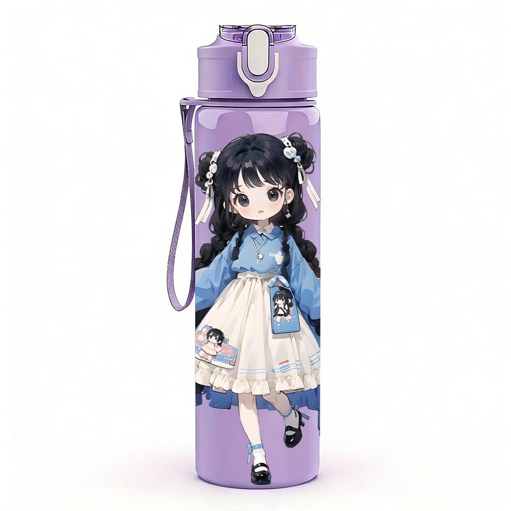1PC Blue Dress Long Hair Girl Pattern 750ml Color Plastic Sports Water Bottle Leakproof Flip Straw Lid Suitable for Sports Office Home Use