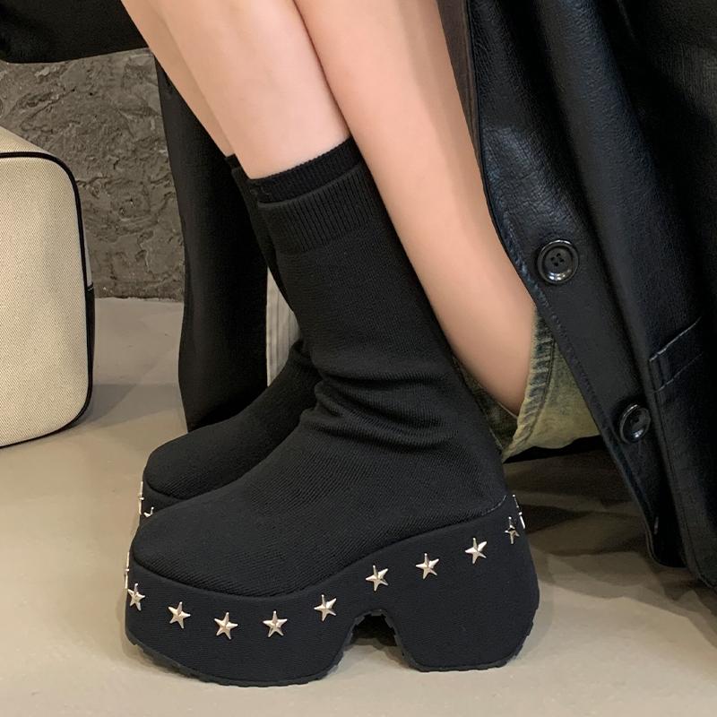 New Thick-Soled Platform Heel Riveted  Ankle Boot Punk-Style Women'S Fall-Winter Stretch Short Boots Heightening Plus Size 42