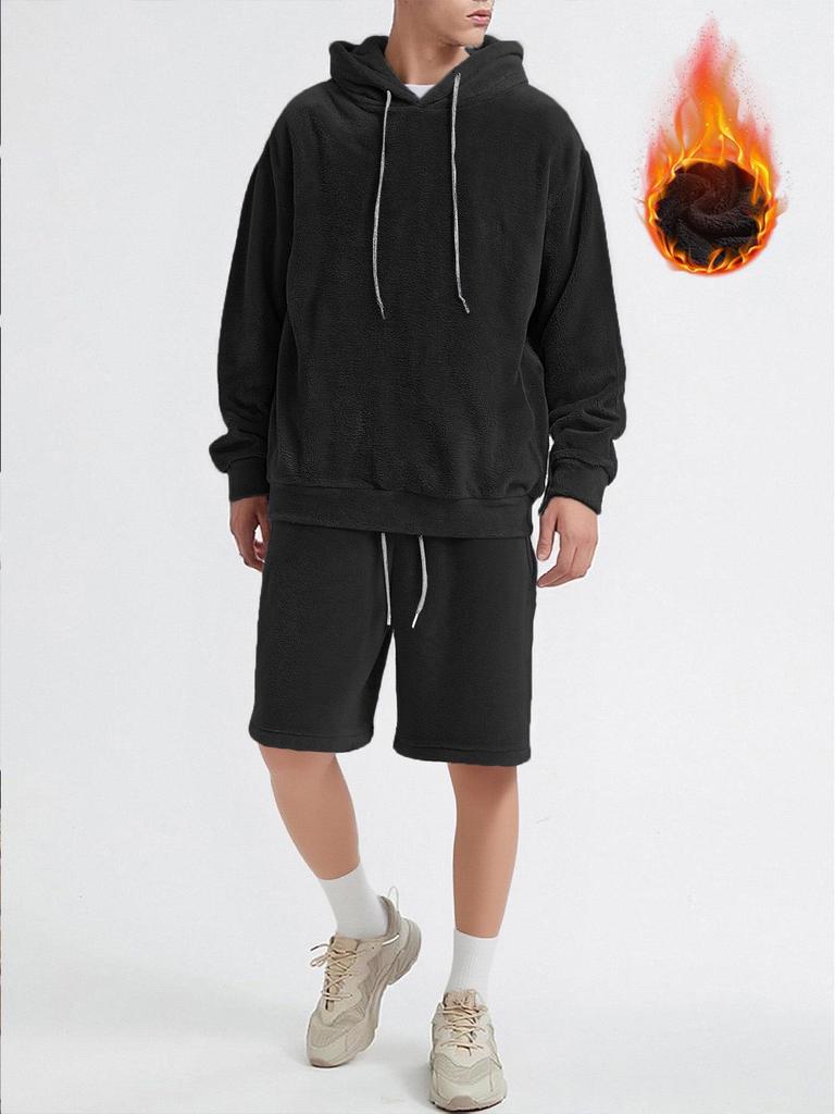 Men's Plus Size European Casual Hooded Sweatshirt & Shorts Set, Autumn/Winter Fashion, Coral Fleece