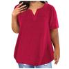 Women Casual Solid Color V Neck Short Sleeve Pocket Top Large Size T Shirt