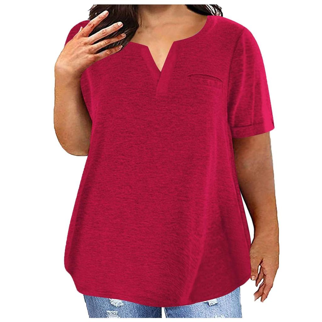 Women Casual Solid Color V Neck Short Sleeve Pocket Top Large Size T Shirt