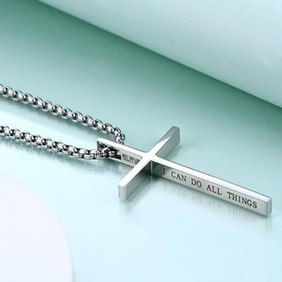 Men Necklace Stainless Steel Cross Charm Necklace I Can Do All Things Through Christ Lightweight Pendant Necklace
