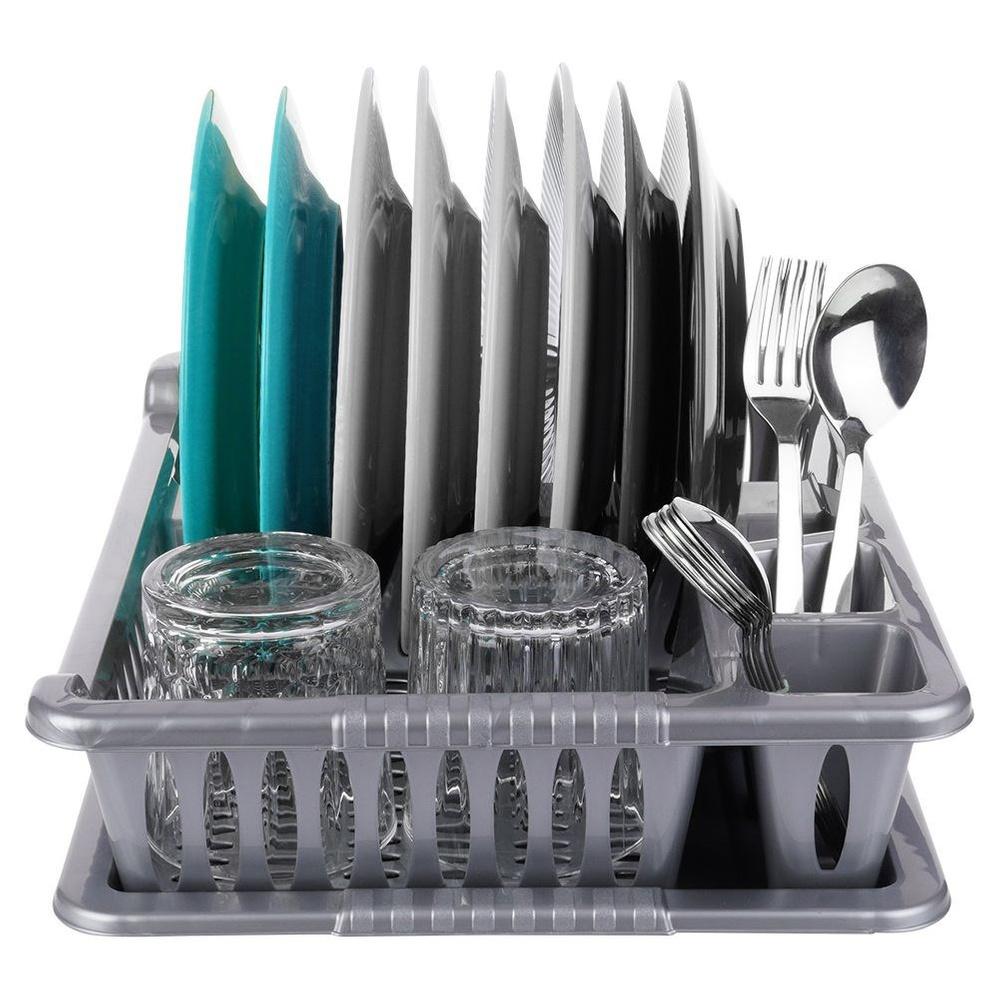 Gray Dish Drying Rack with Drip Tray 40x29cm