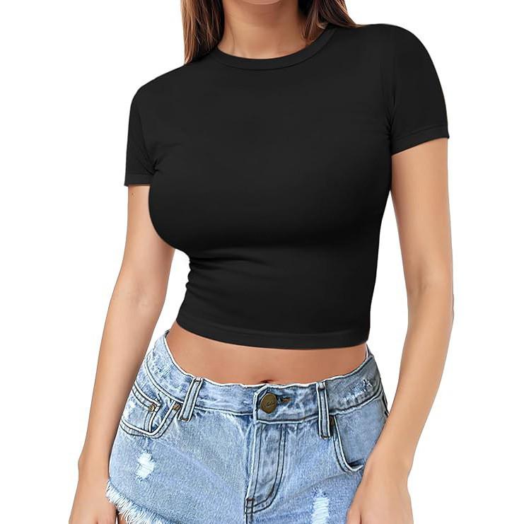 European & American Style Crop Top: Women's Summer Fashion Milk Silk T-Shirt, Short Sleeve, Round Neck.