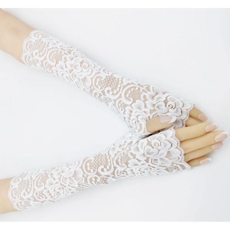 

White Long Elastic Lace Gloves Women Sexy Half Finger Breathable Thin Korean Style Concealer Etiquette Sun Protection UV Driving White All yards