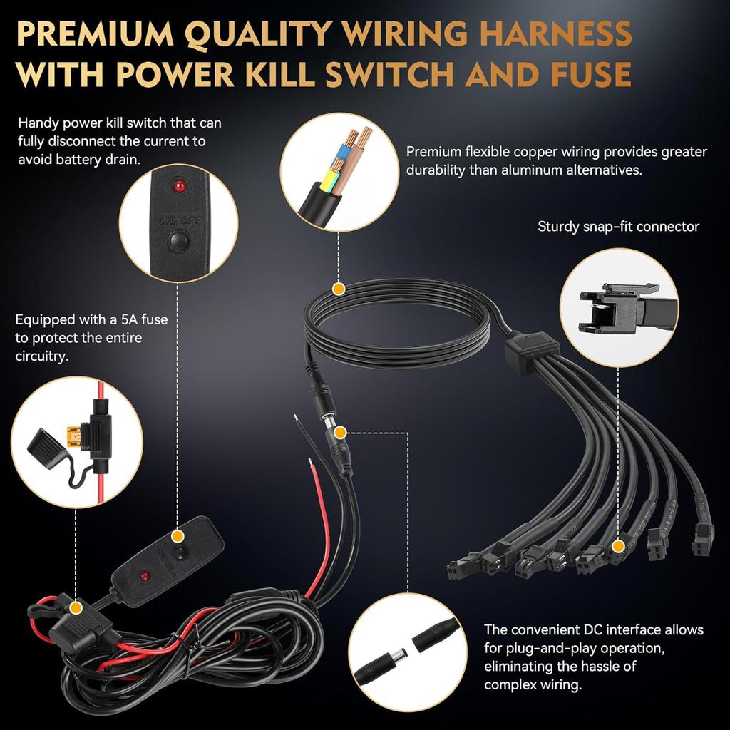 8Pods Pure White LED Rock Lights Kit with Switch Wiring Harness Extension Wire, 6500K 15LEDs Neon Underglow Light Waterproof Fender Lights for Car