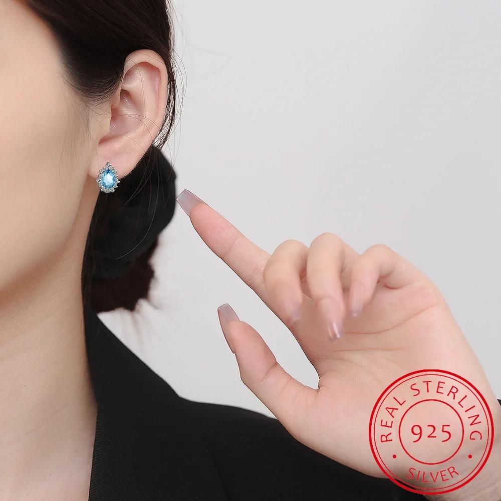 Pear Genuine Natural Blue Topaz 925 Sterling Silver Water Drop Hoop Earrings for Women Fashion Statement Gemstone Jewelry