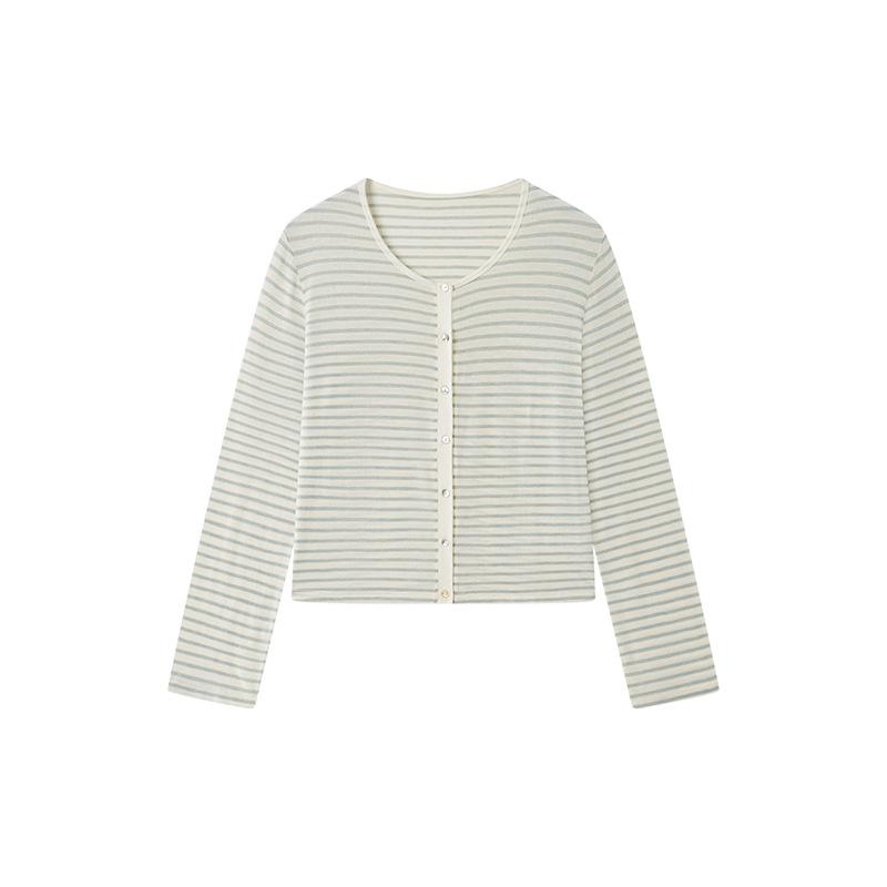 Spring Summer Women s Acetate Linen Cardigan Silk Lyocell Thin Cardigan Simple Buttoned Striped M