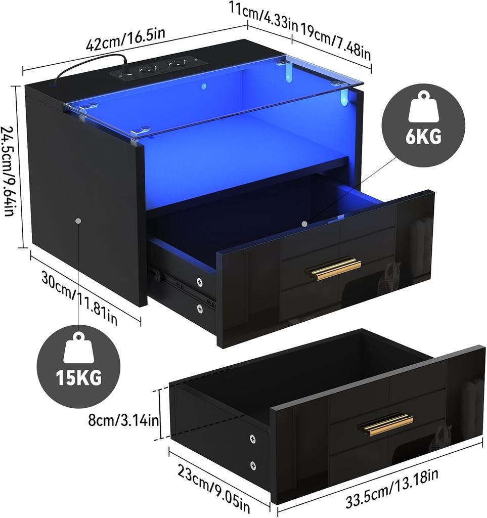 Wall-mounted Bedside Table with Lights 3-Tier 2AC/2USB with Drawer Wood Bedside Multifunctional Cabinet Tempered Glass Top Shelf
