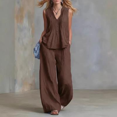 Damen 2-teiliges Set Ärmelloses V-Ausschnitt Plissee-Oberteil und Weite Hosen Lockerer Schnitt Lässiges Sommer-Outfit