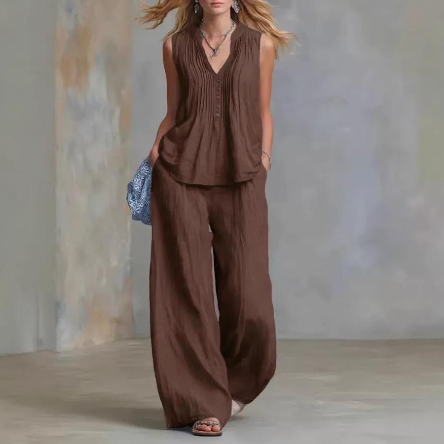 Women's Fashion Casual Solid V-Neck Ruched Loose Sleeveless Casual Wide Leg Pants Two Piece Set