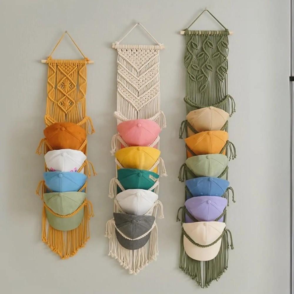 Handwoven Macrame Hat Rack Bohemian Style with Tassel Wall Hanging Cap Holder Wall-Mounted Handmade Cap Hanger Wall Mounted