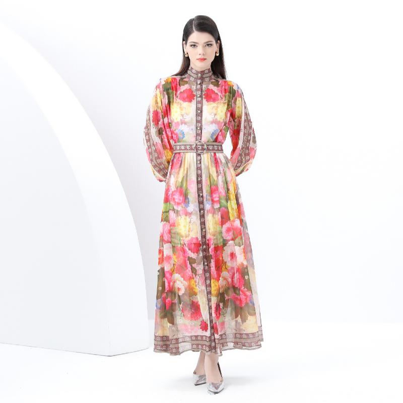 Spring Summer Women Retro Print Single Breasted Plus Size Loose Long Maxi Party Dresses With Belt