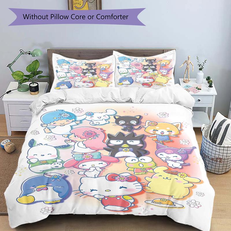 3pcs Happy Cartoon My Melody and Friends Quilt Cover Set - Soft & Comfortable Polyester Fabric, All-Season Breathable Comforter Set For 1 Quilt C