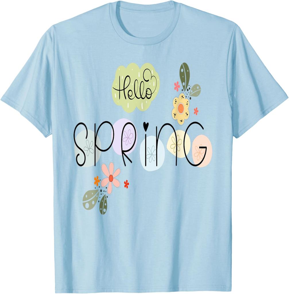 Hello Spring Flowers Graphic Tee Casual Cotton Short Sleeve T-Shirt Daily Wear